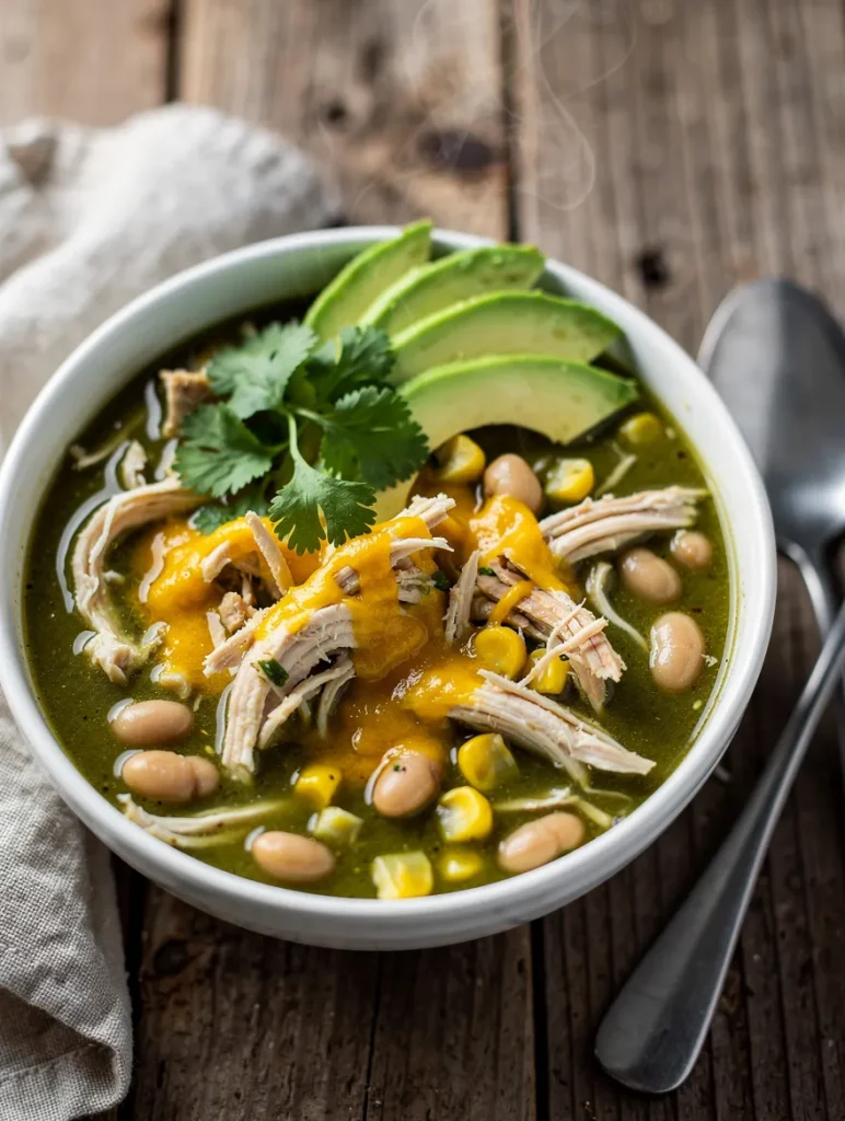 Hearty crockpot green enchilada chicken soup with avocado, beans, corn, and melted cheese