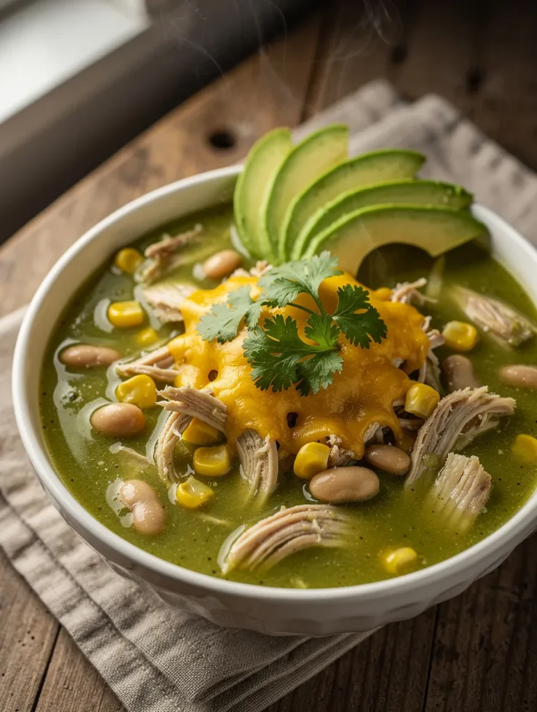Crockpot green enchilada chicken soup with avocado slices, cheese, beans, and corn