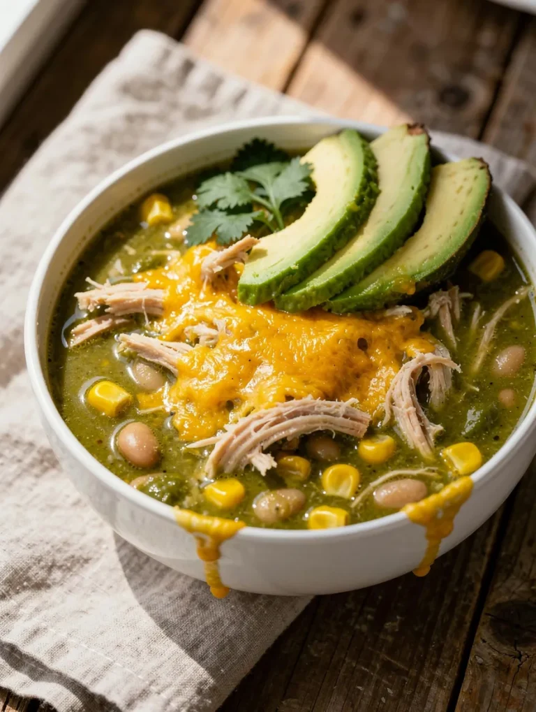 Crockpot green enchilada chicken soup topped with avocado, cheese, and shredded chicken