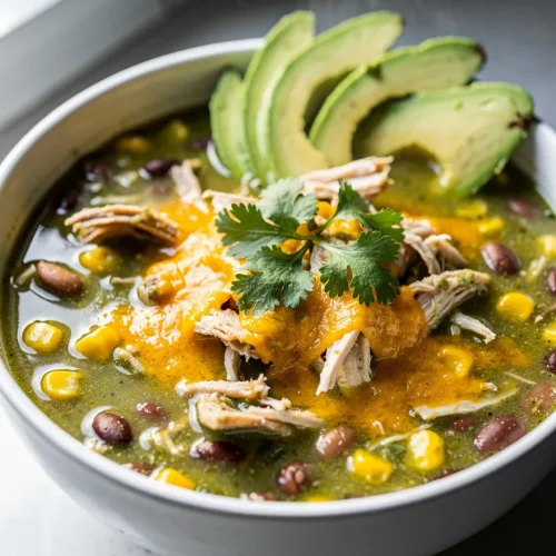 Steaming crockpot green enchilada chicken soup with avocado, cheese, beans, and corn
