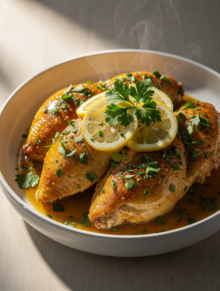 Steaming crockpot lemon butter chicken thighs topped with lemon slices and fresh parsley in a rich buttery sauce
