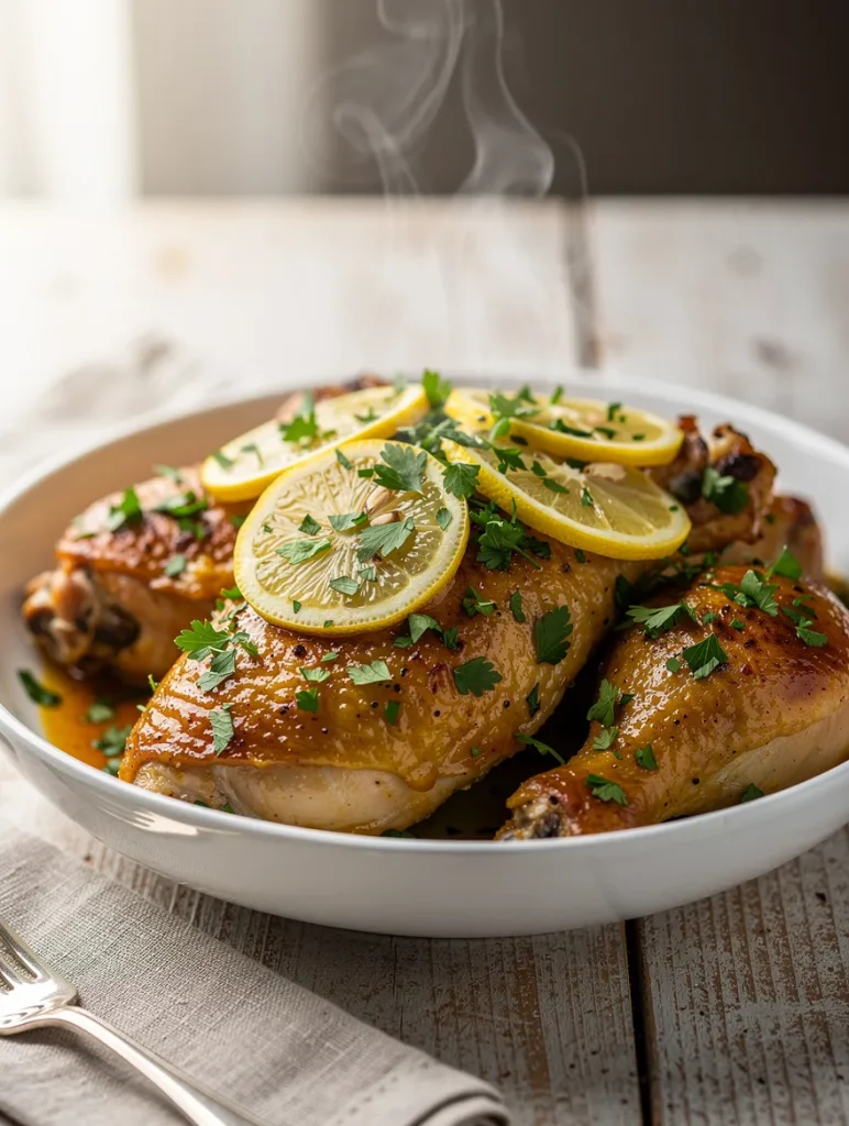 Crockpot lemon butter chicken with golden skin, lemon slices, and parsley, served hot with steam rising