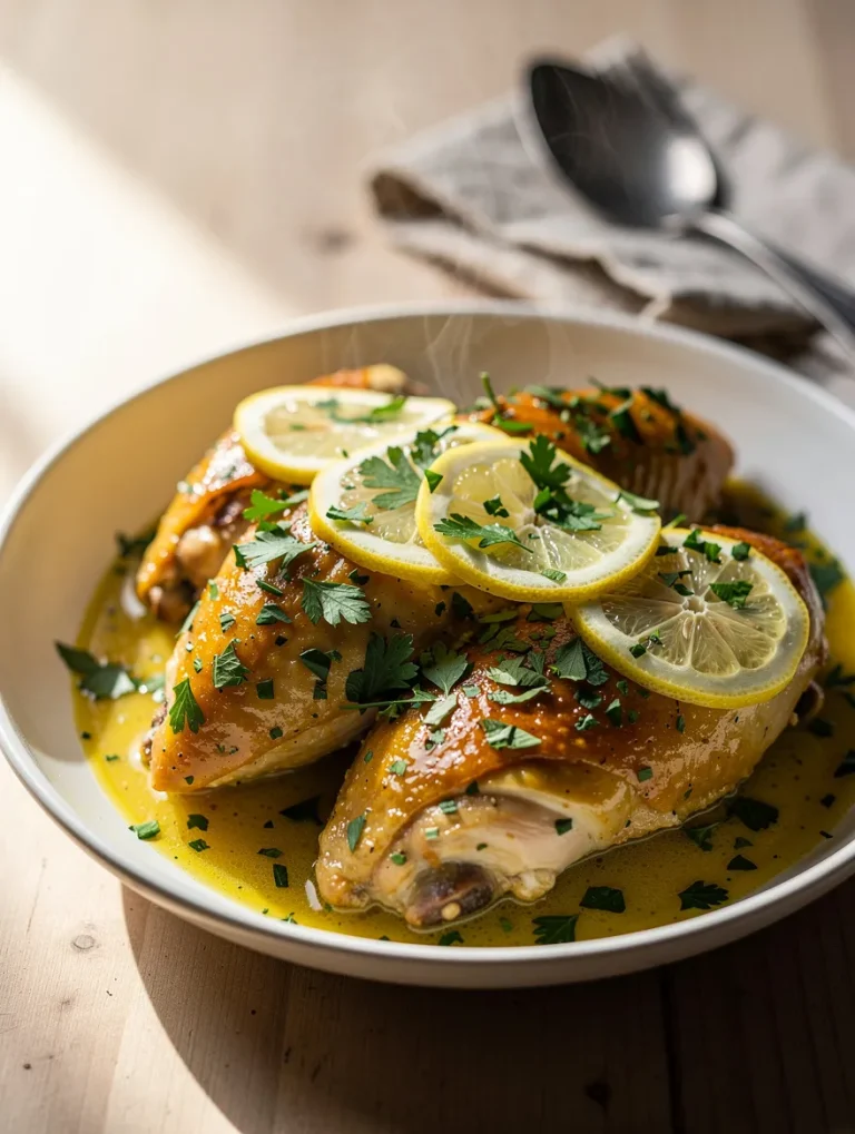 Crockpot lemon butter chicken thighs garnished with fresh parsley and lemon slices in a creamy buttery sauce