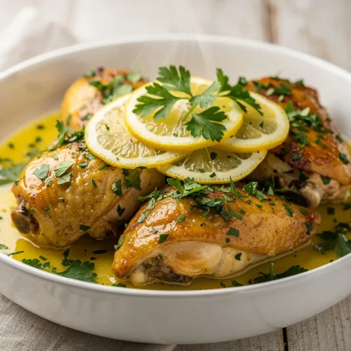 Crockpot lemon butter chicken with juicy thighs, lemon slices, and parsley in a rich buttery sauce