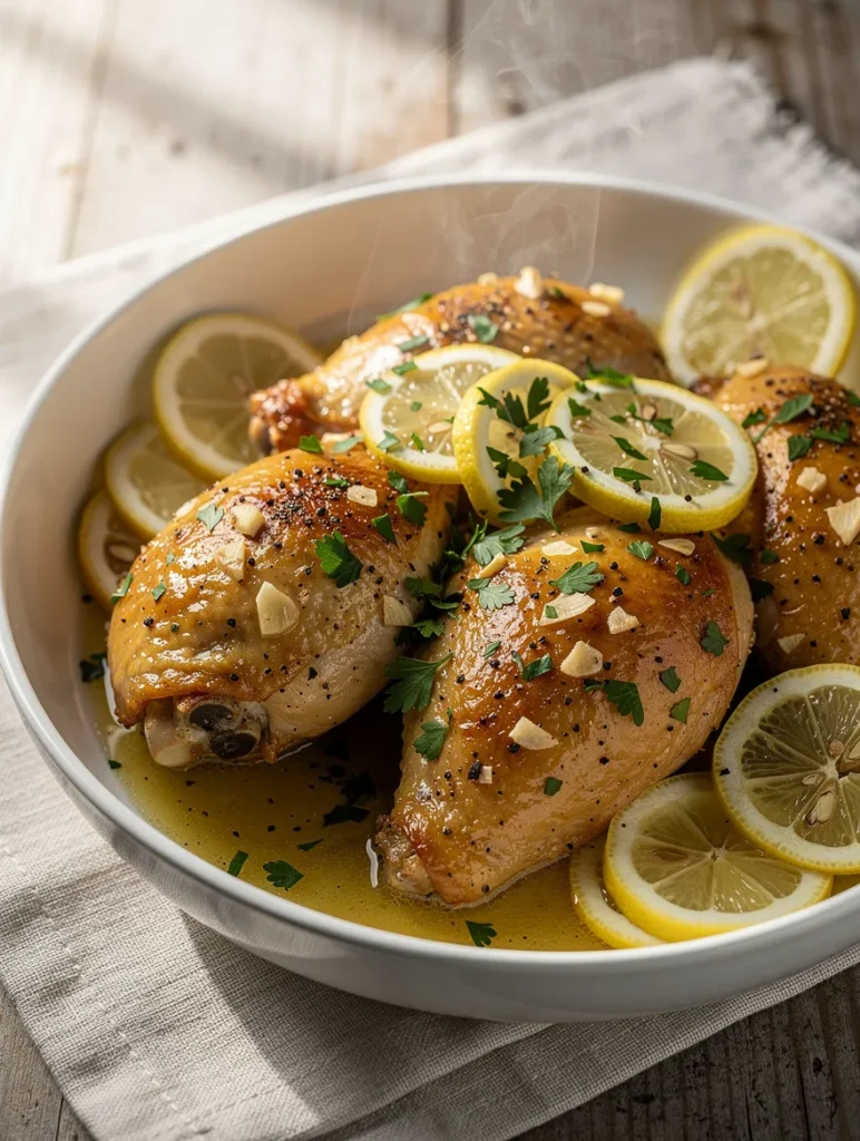Crockpot lemon garlic butter chicken with lemon slices and parsley in a bowl