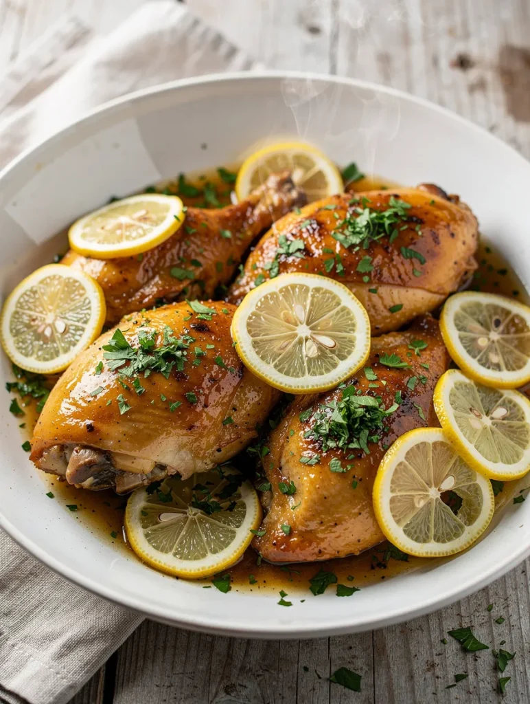 Crockpot lemon garlic butter chicken with sliced lemons and fresh parsley in a white bowl
