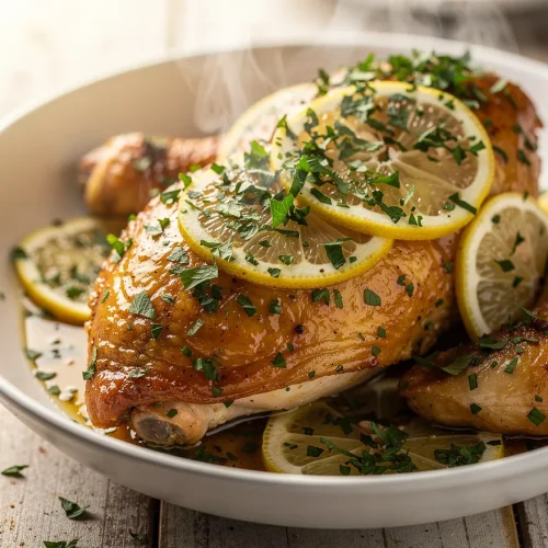 Crockpot lemon garlic butter chicken topped with lemon slices and parsley in a bowl