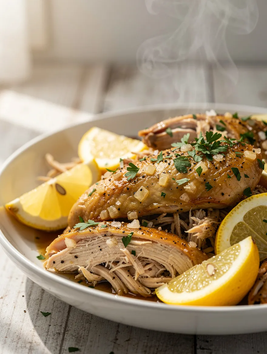 Crockpot lemon garlic butter chicken with parsley and fresh lemon slices