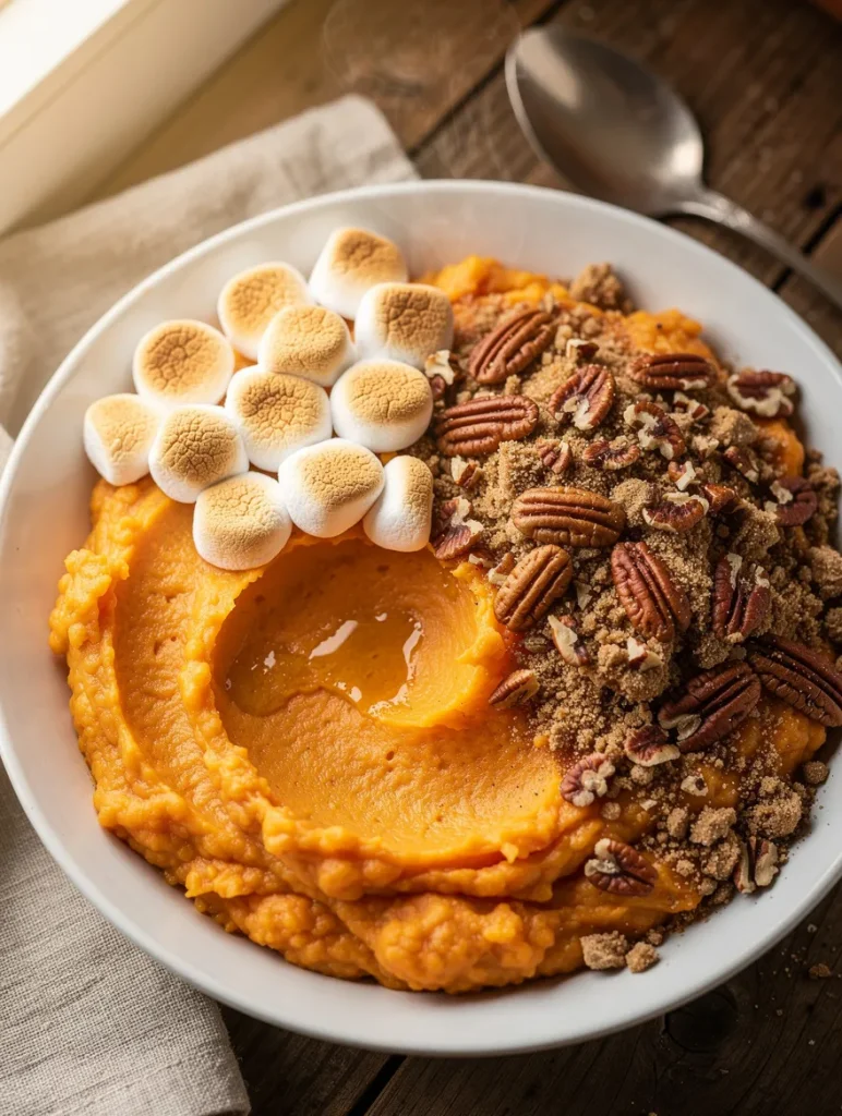 Crockpot sweet potato casserole with toasted marshmallows, pecans, and brown sugar crumble