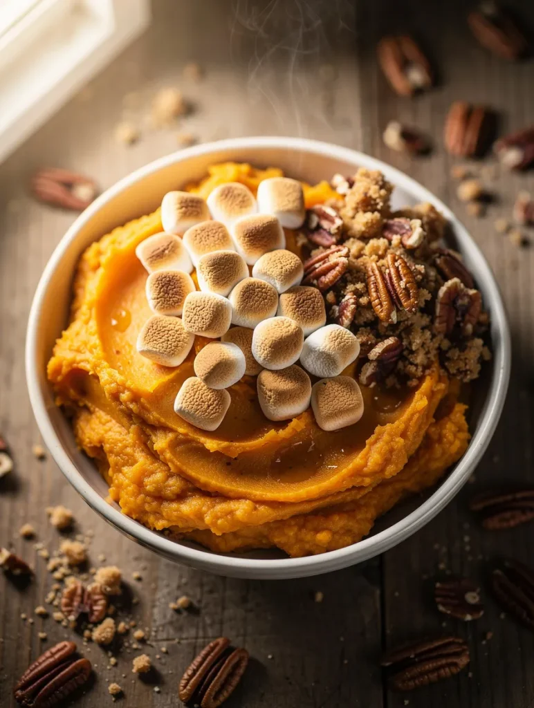 Steaming crockpot sweet potato casserole with toasted marshmallows, pecans, and crumble topping