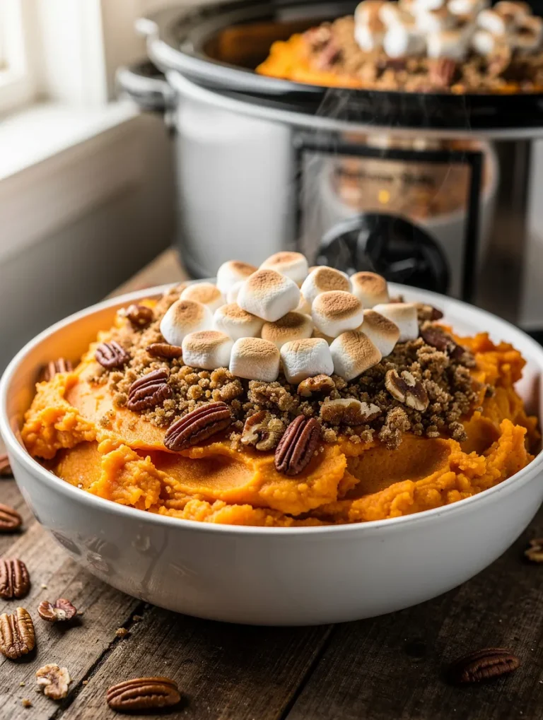 Crockpot sweet potato casserole topped with pecans, crumble, and toasted marshmallows