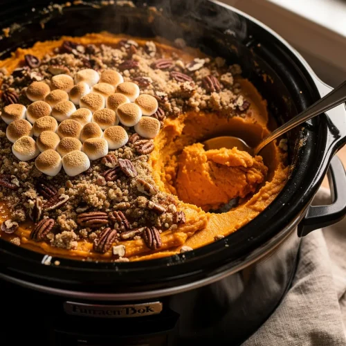 Crockpot sweet potato casserole in slow cooker with marshmallows, pecans, and crumb topping