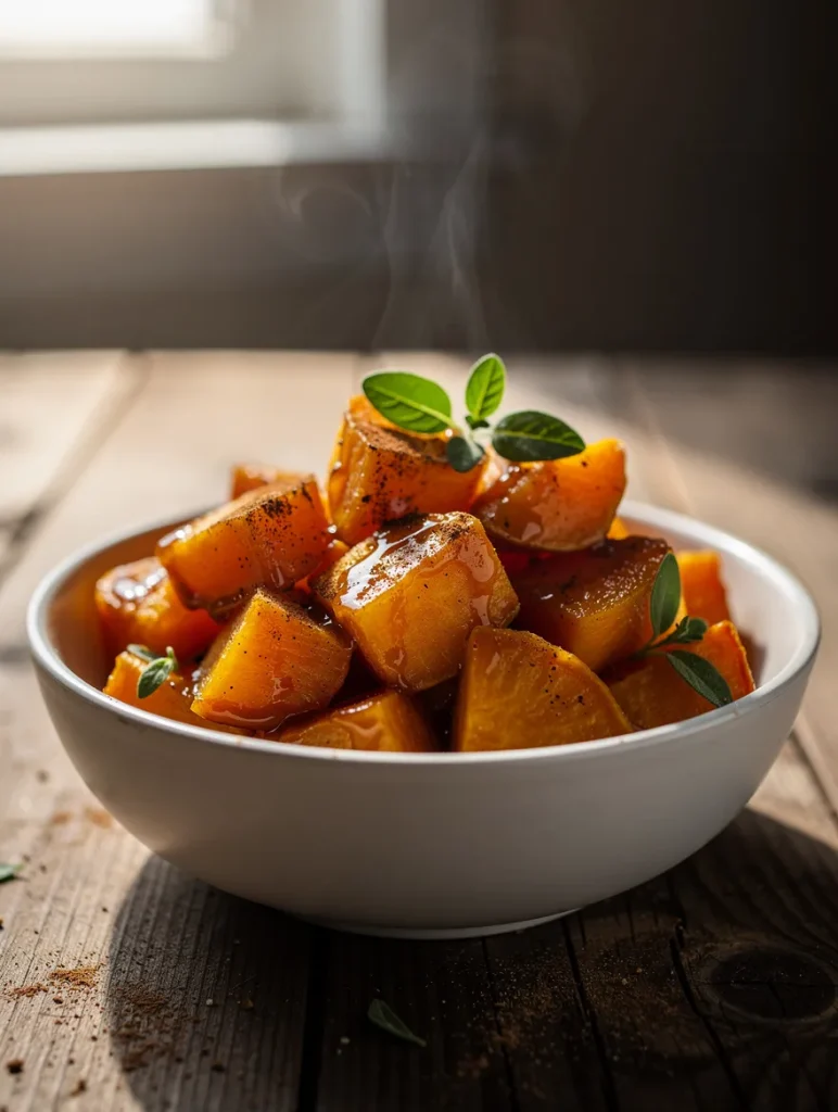 Crockpot sweet potatoes with brown sugar glaze and butter in a white bowl