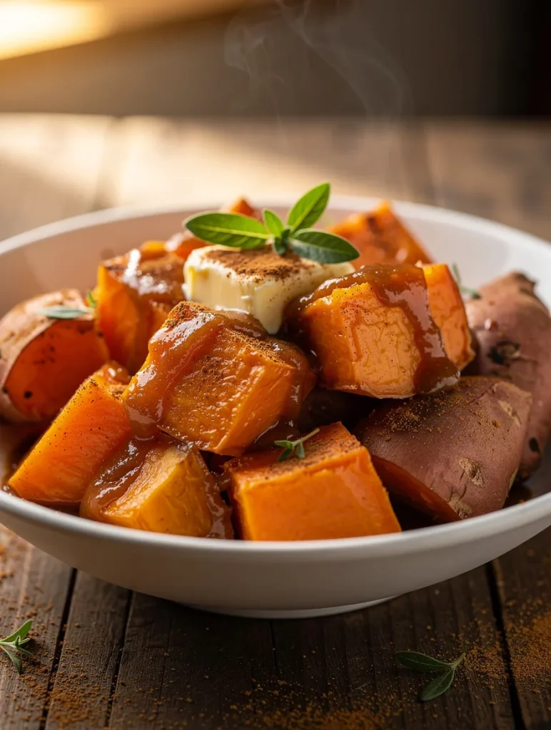 Crockpot sweet potatoes with brown sugar glaze and butter on top