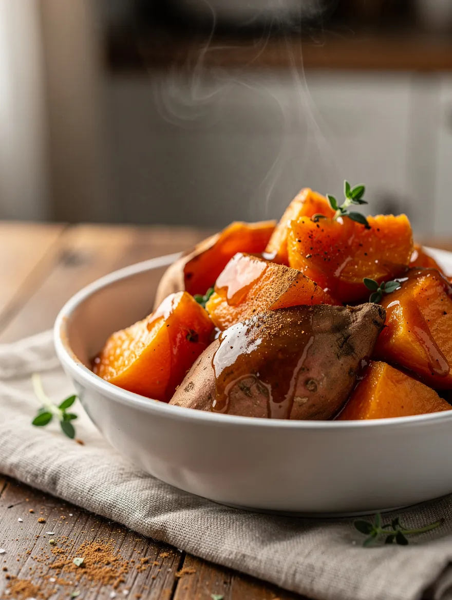 Crockpot sweet potatoes with brown sugar and butter glazed chunks in bowl