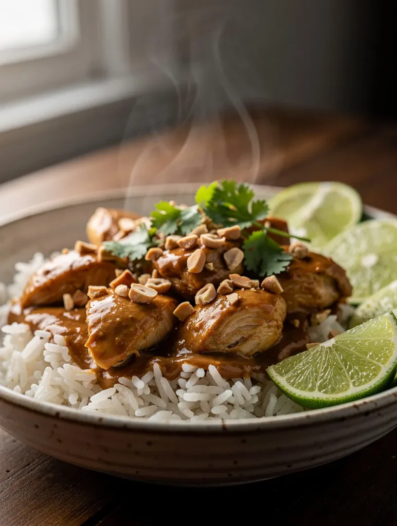 Crockpot Thai peanut chicken over rice with creamy peanut sauce, chopped peanuts, cilantro, and lime wedges
