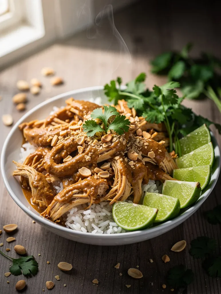 Crockpot Thai peanut shredded chicken over rice with peanut sauce, chopped peanuts, cilantro, and lime wedges