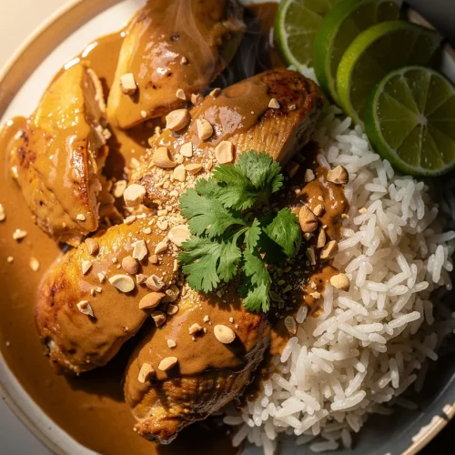 Crockpot Thai peanut chicken with creamy peanut sauce served over rice with lime slices and chopped peanuts