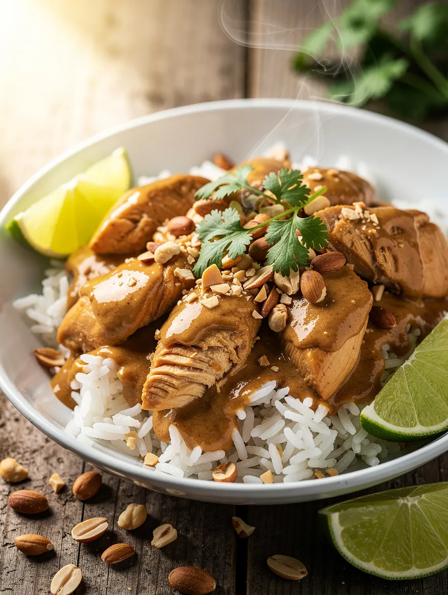 Crockpot Thai peanut chicken served over white rice with creamy peanut sauce, chopped peanuts, and lime wedges