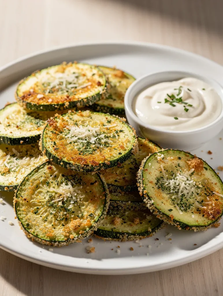 Crispy parmesan zucchini chips served with creamy dipping sauce