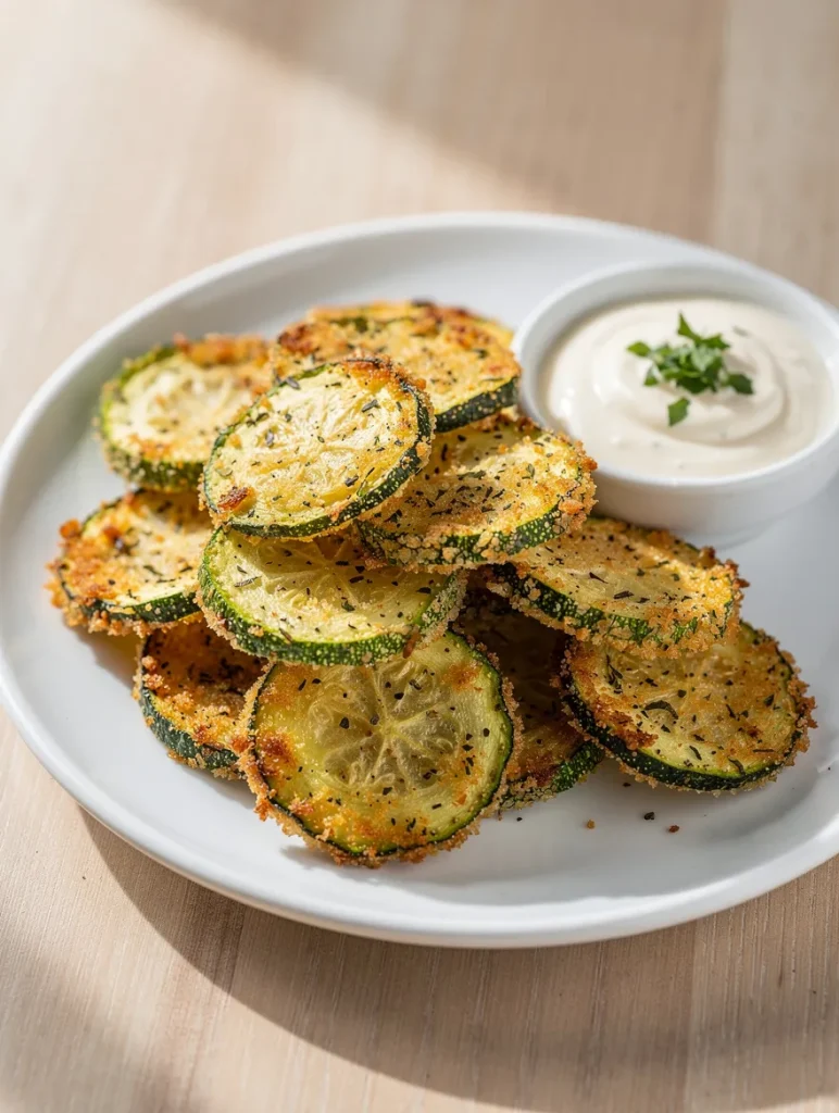 Crunchy baked zucchini chips with parmesan coating and dipping sauce
