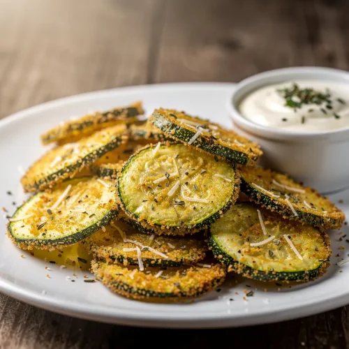 Crispy zucchini chips with parmesan and herb coating served with dip
