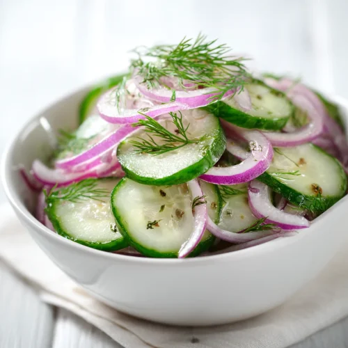 Cucumber and onion salad with dill in bowl