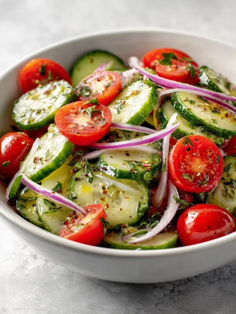 Fresh cucumber and tomato salad with red onion and herbs