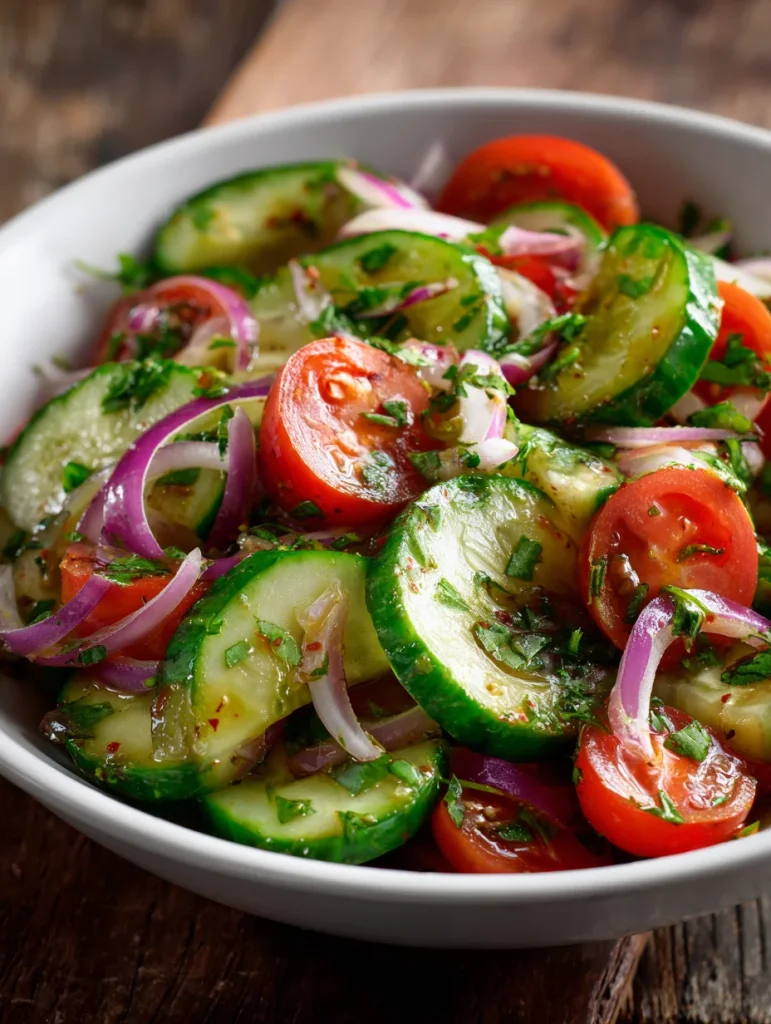 Cucumber tomato salad with red onion and herb dressing