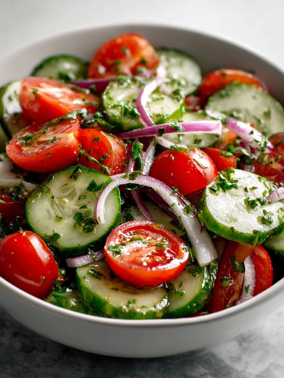 Cucumber and tomato salad with red onion and herbs