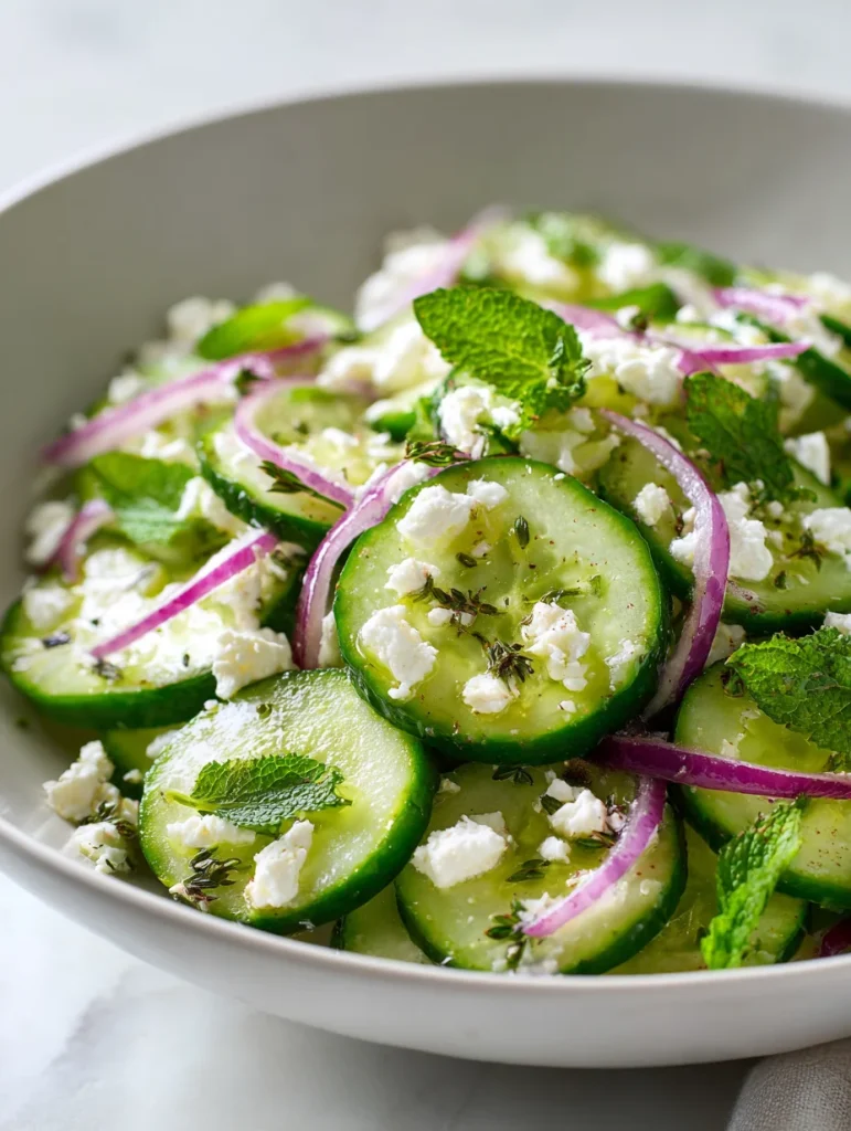 Cucumber feta salad with red onions, fresh mint, and herbs in a light dressing.
