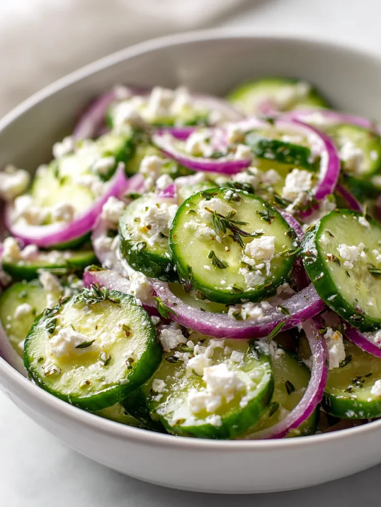 Cucumber feta salad with red onions and herbs in a light vinaigrette.