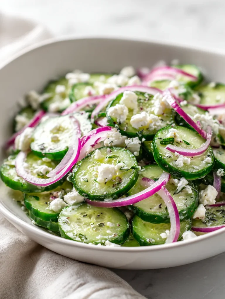 Cucumber feta salad with red onions and herbs in a light dressing.