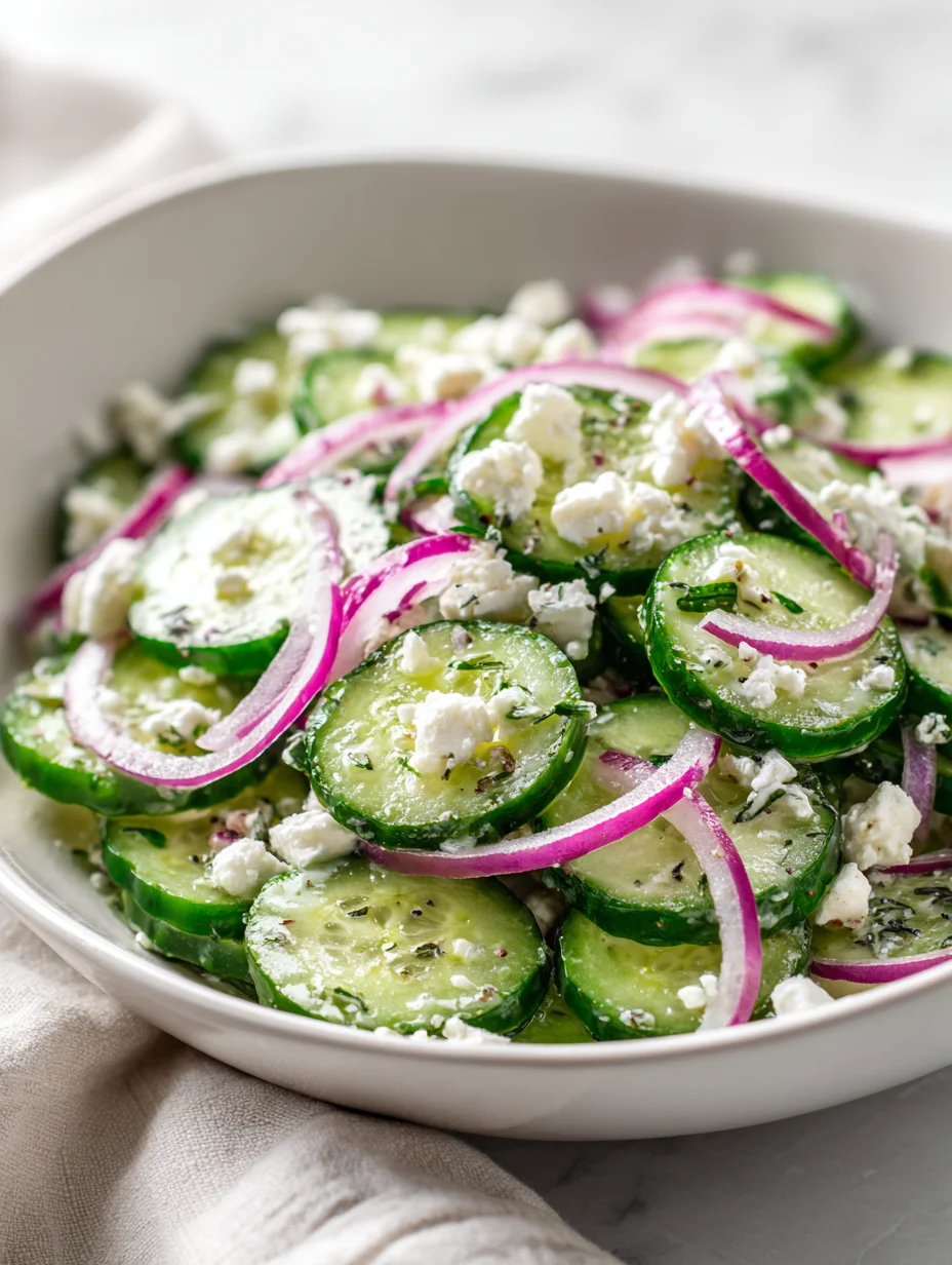 Cucumber feta salad with red onions and herbs in a light dressing.