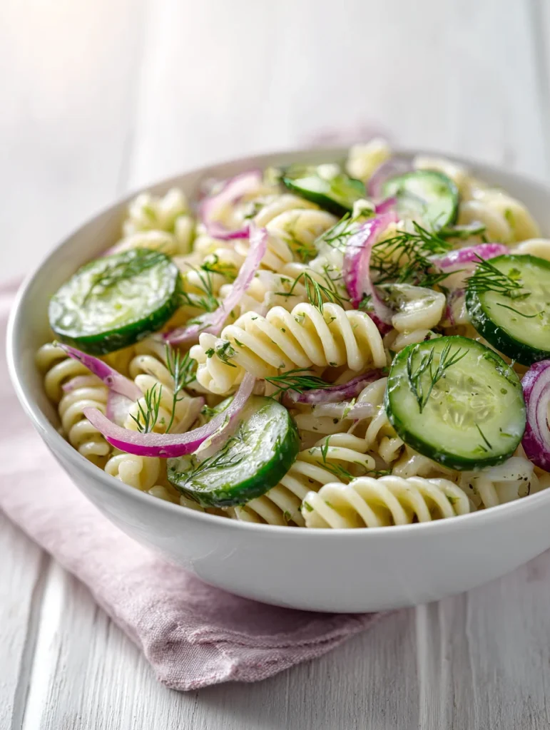 Cucumber pasta salad with rotini, red onion, and dill in a creamy herb dressing.