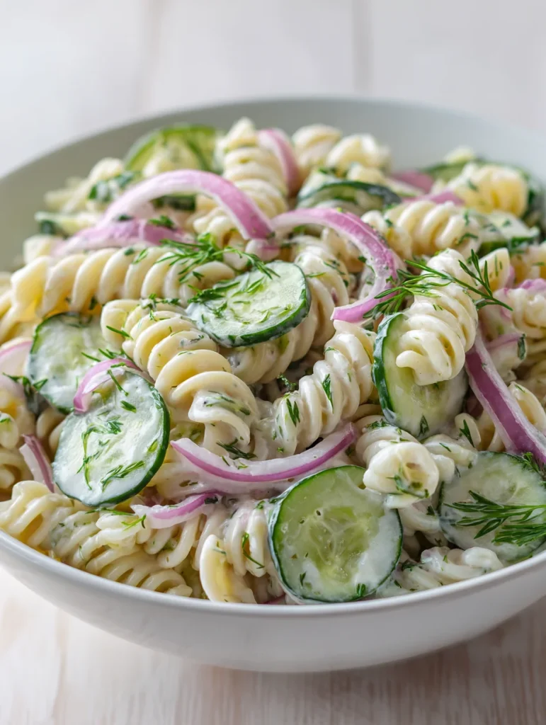 Creamy cucumber pasta salad with rotini, red onion, and fresh dill.