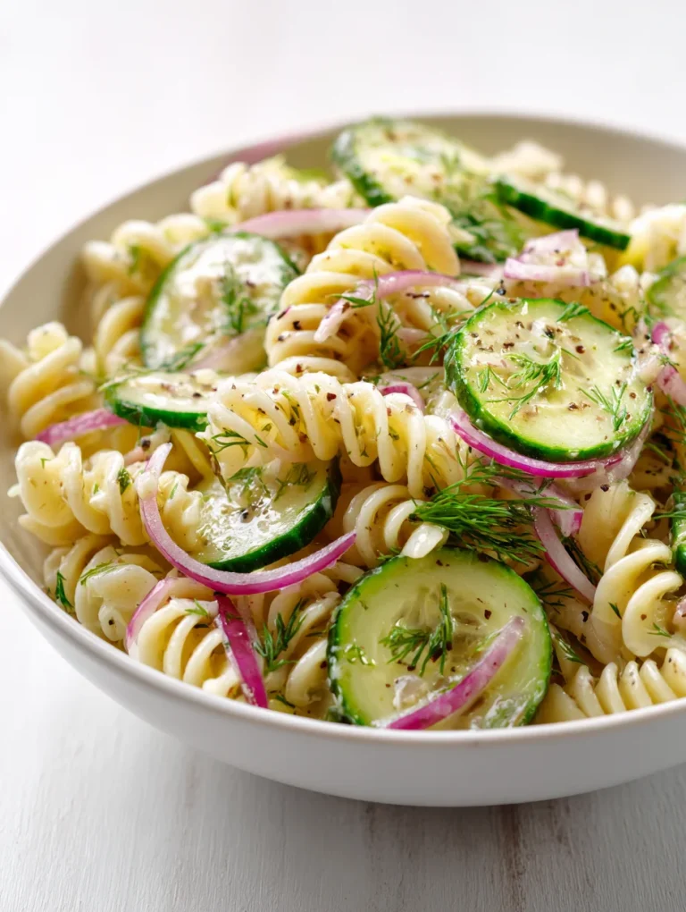 Cucumber pasta salad with rotini, red onion, and fresh dill in a light dressing.