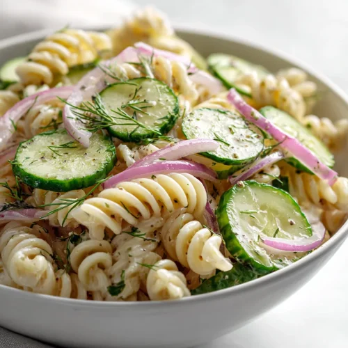 Cucumber pasta salad with rotini, red onion, and dill in creamy dressing.