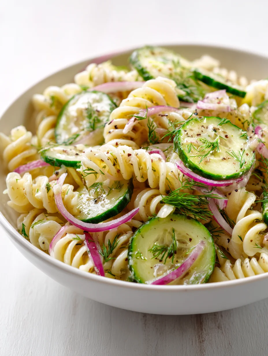Cucumber pasta salad with rotini, red onion, and fresh dill in a light dressing.