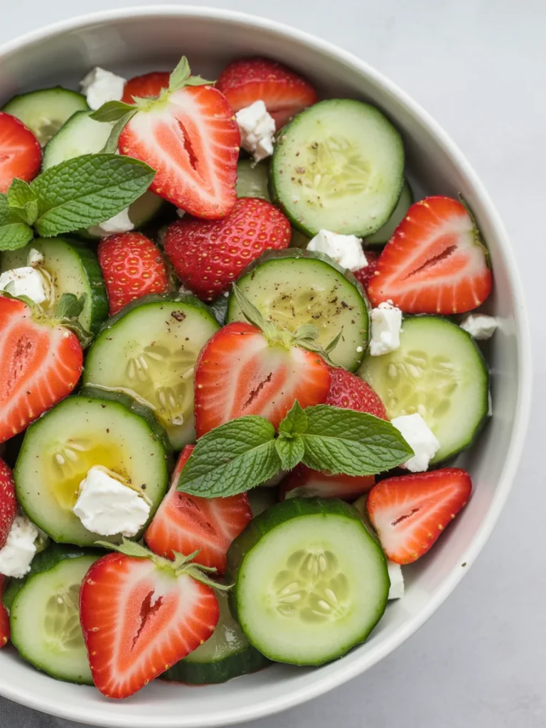 Cucumber strawberry salad with feta, mint, and olive oil dressing