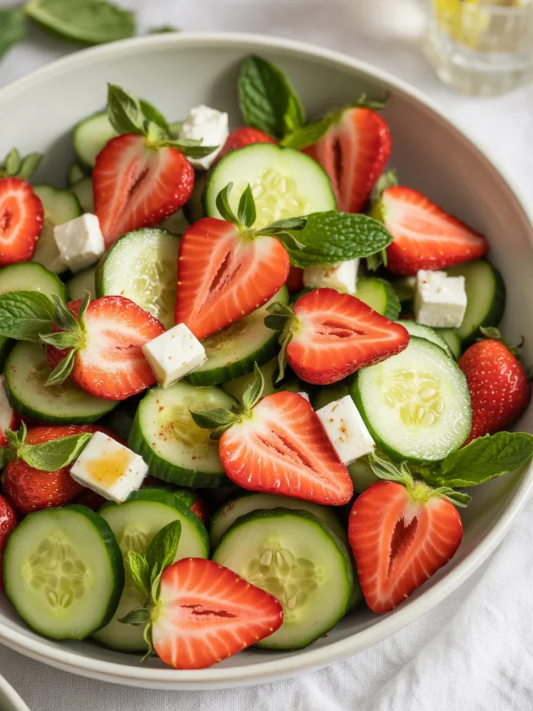 Cucumber strawberry salad with feta cubes and fresh mint