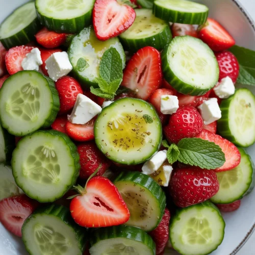 Cucumber strawberry salad with feta, mint, and light vinaigrette