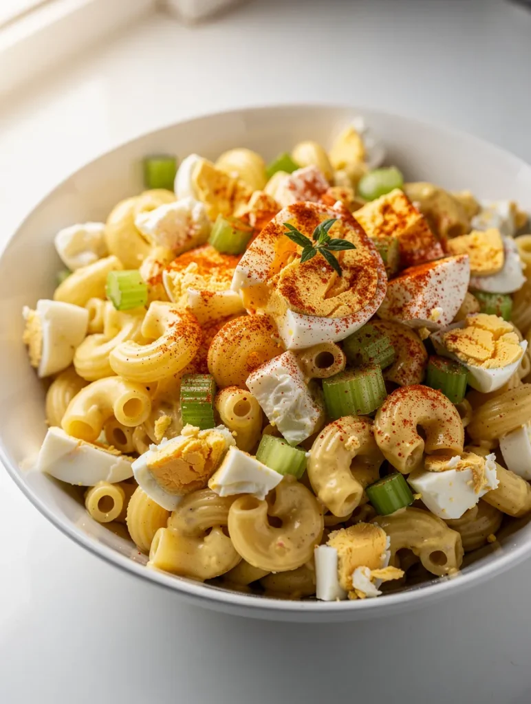 Deviled egg macaroni salad with celery, paprika, and hard-boiled eggs