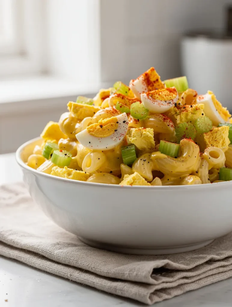 Deviled egg macaroni salad with celery and paprika in a white bowl