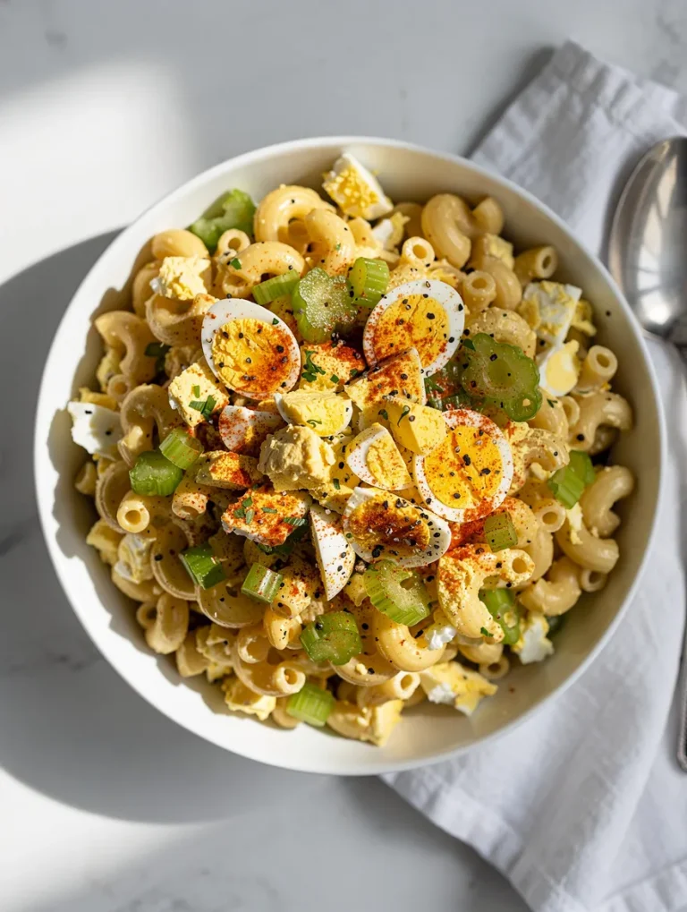 Deviled egg macaroni salad with celery, paprika, and chopped eggs