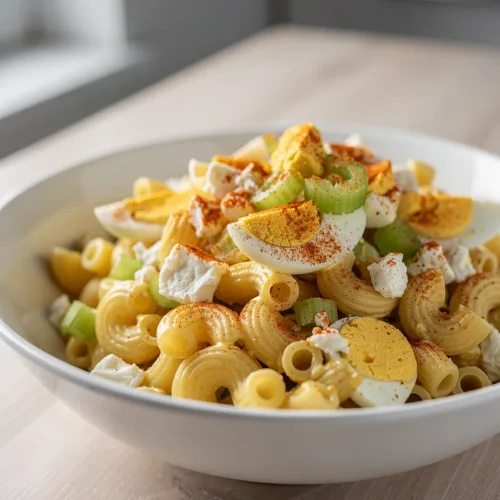 Deviled egg macaroni salad with celery and paprika in a white bowl