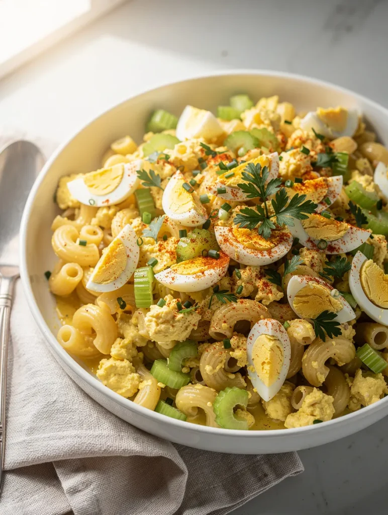 Deviled egg pasta salad with macaroni, chopped eggs, celery, and creamy dressing