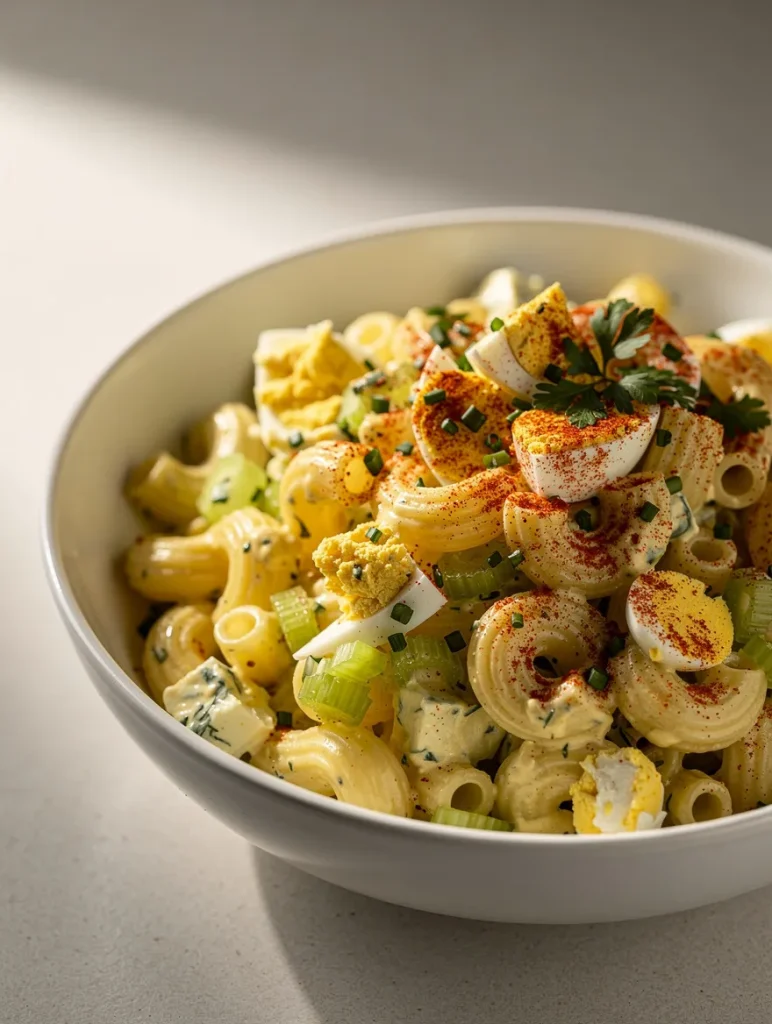 Deviled egg pasta salad with elbow macaroni, eggs, celery, and creamy dressing
