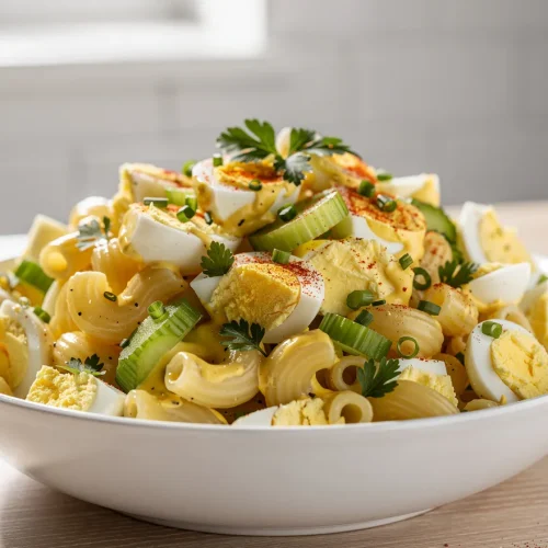 Deviled egg pasta salad with macaroni, chopped eggs, celery, and creamy dressing