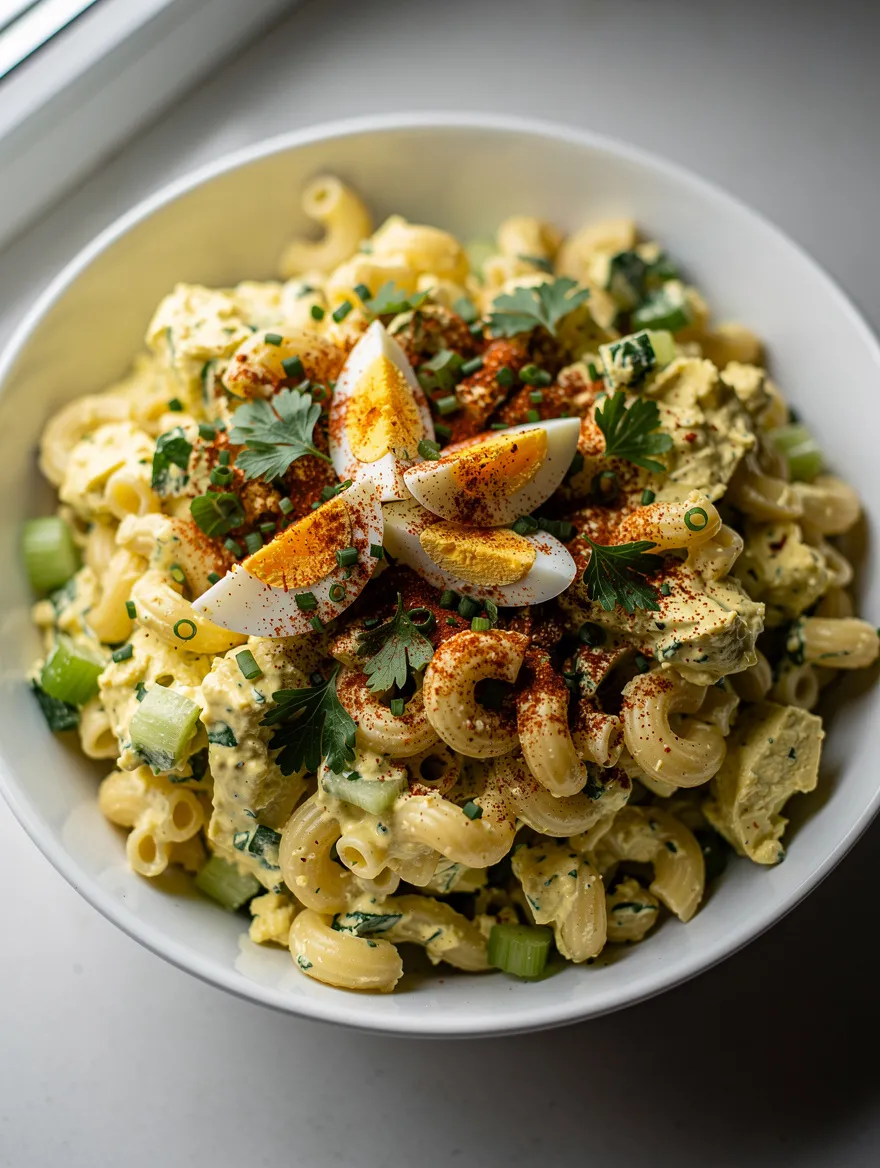 Deviled egg pasta salad with creamy dressing, macaroni, eggs, and paprika